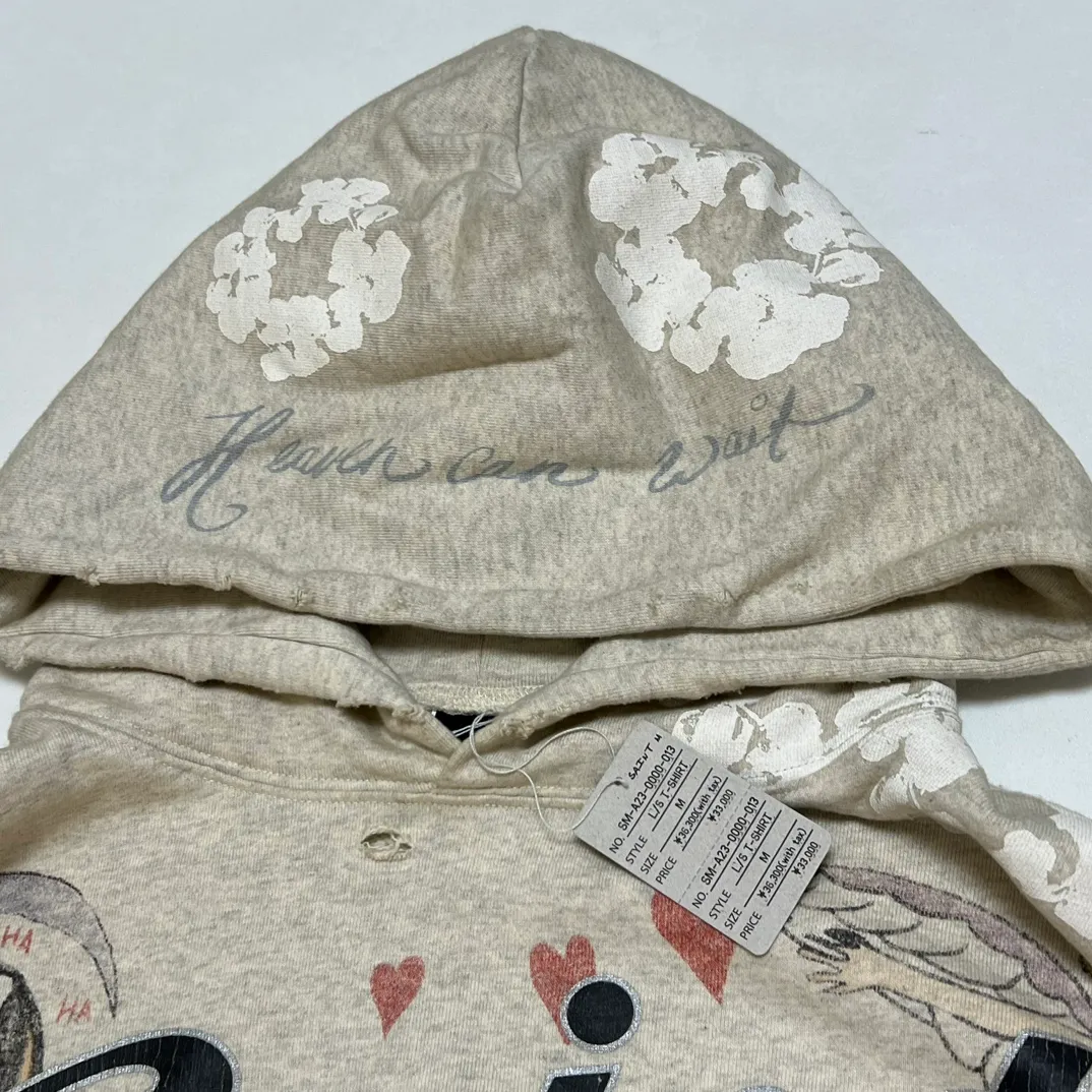DENIM TEARS × ©SAINT M×××××× "SAINT TEARS" Graffiti Hoodie Joint Model Cotton Graffiti Hoodie Fully Printed Washed Distressed Holes Vintage Sweatshirt Gray S-XL Super Heavy Duty! The whole piece is printed with 35 screens and counterpoint printing!